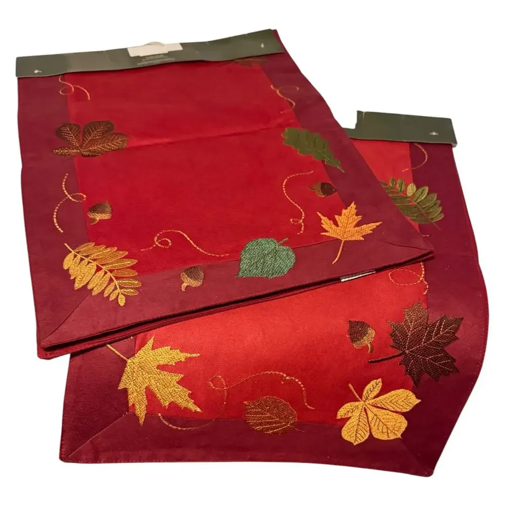 Fall Home Decor Table Runner Set of 2 Embroidered Leave Lined Microsuede 36